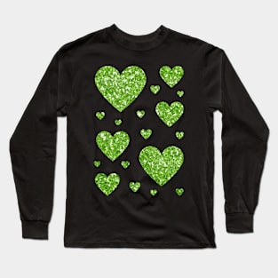 Green Faux Glitter Hearts Long Sleeve T-Shirt